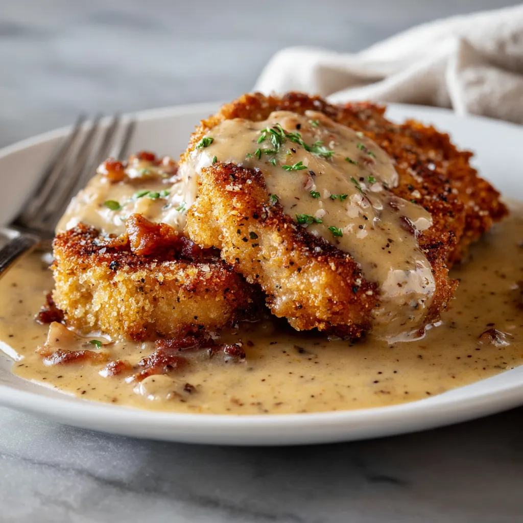 Crispy Pan-Fried Breaded Pork Chops with Creamy Whole Grain Mustard Gravy and Fresh Herbs - secondary view